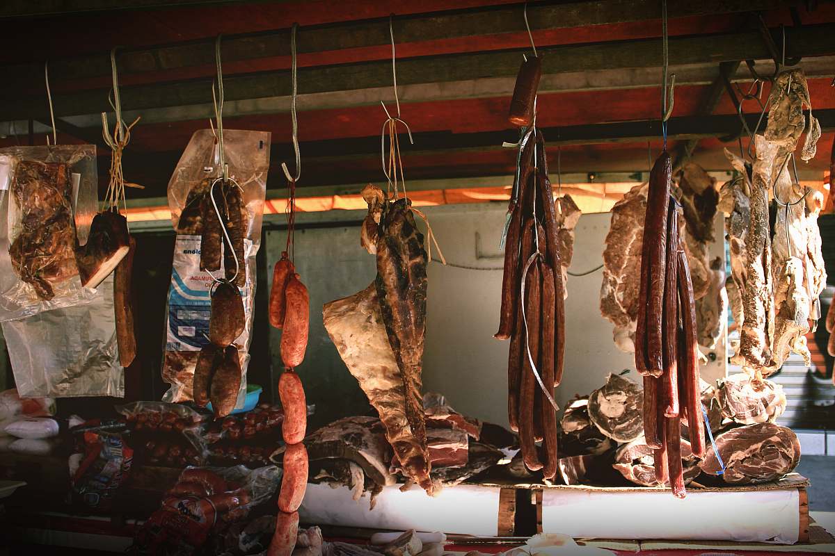 butcher shop hanged sausages animal